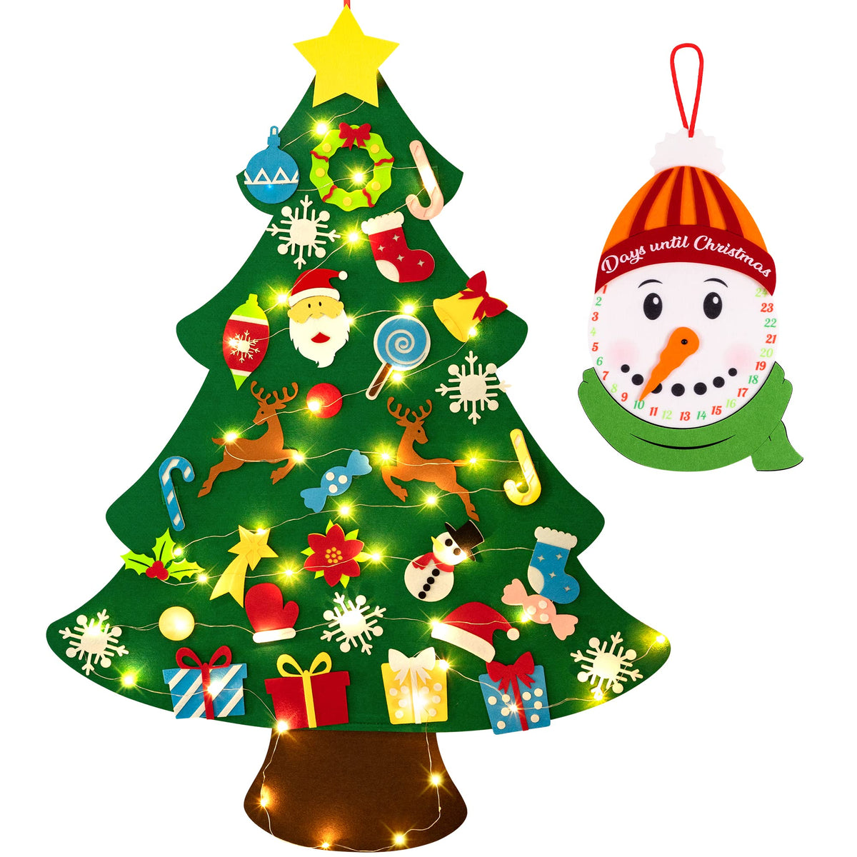 DIY Lighted Felt Christmas Tree Set Plus Snowman Advent Calendar - Xmas Decorations Wall Hanging 33 Ornaments Kids Gift with String Light (Batteries Not Included)