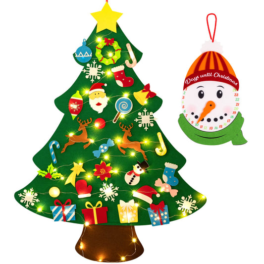 DIY Lighted Felt Christmas Tree Set Plus Snowman Advent Calendar - Xmas Decorations Wall Hanging 33 Ornaments Kids Gift with String Light (Batteries Not Included)