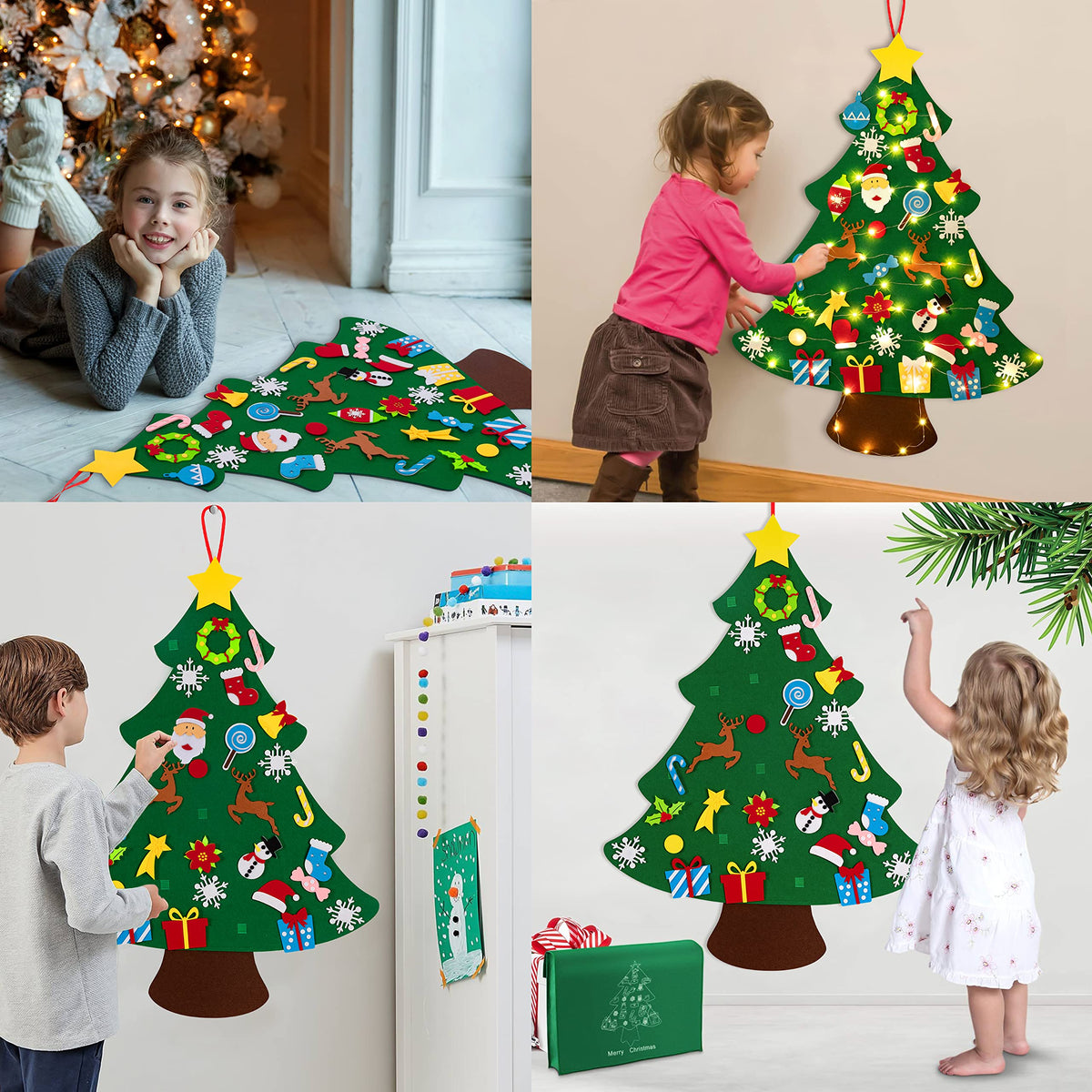 DIY Lighted Felt Christmas Tree Set Plus Snowman Advent Calendar - Xmas Decorations Wall Hanging 33 Ornaments Kids Gift with String Light (Batteries Not Included)