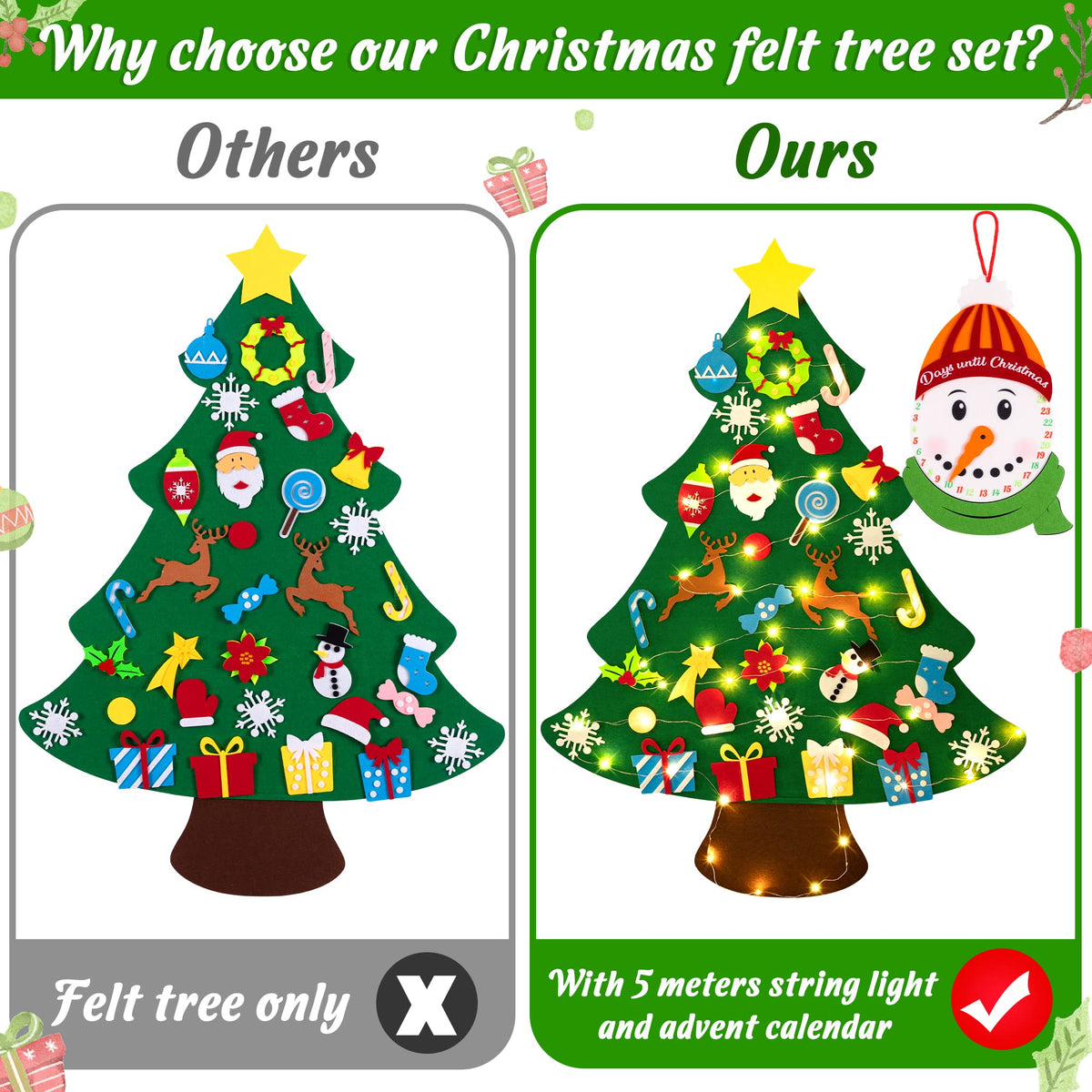 DIY Lighted Felt Christmas Tree Set Plus Snowman Advent Calendar - Xmas Decorations Wall Hanging 33 Ornaments Kids Gift with String Light (Batteries Not Included)