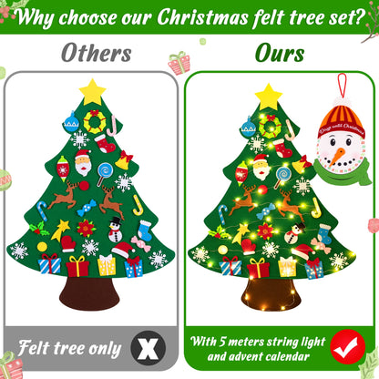 DIY Lighted Felt Christmas Tree Set Plus Snowman Advent Calendar - Xmas Decorations Wall Hanging 33 Ornaments Kids Gift with String Light (Batteries Not Included)