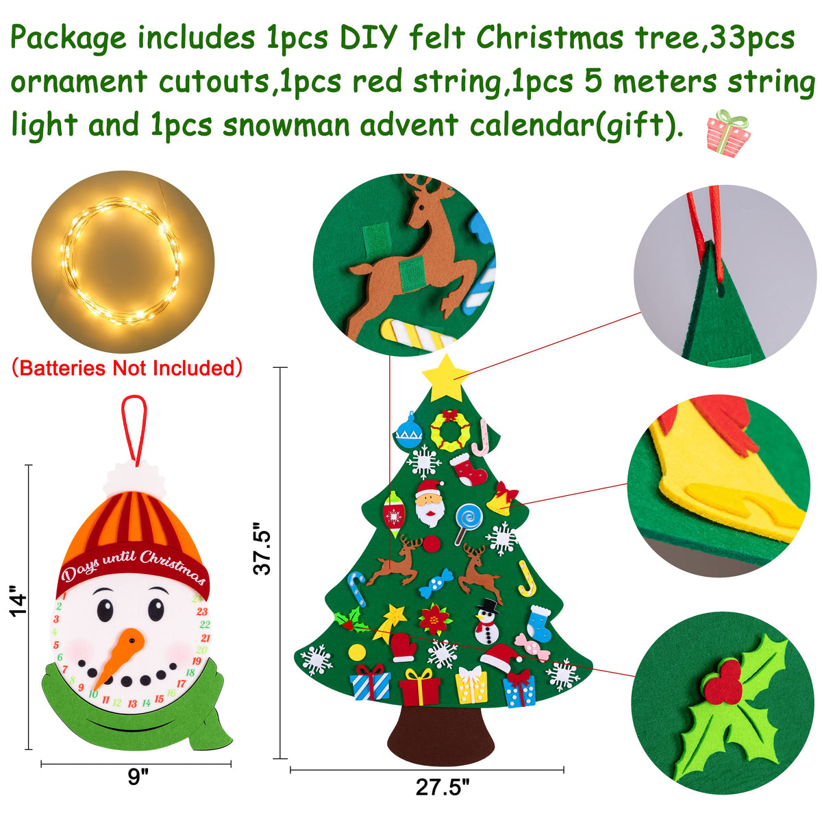 DIY Lighted Felt Christmas Tree Set Plus Snowman Advent Calendar - Xmas Decorations Wall Hanging 33 Ornaments Kids Gift with String Light (Batteries Not Included)
