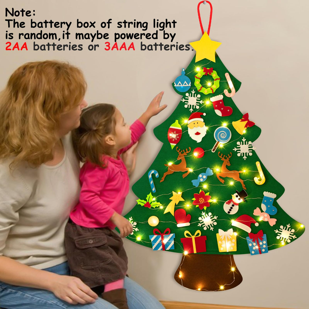 DIY Lighted Felt Christmas Tree Set Plus Snowman Advent Calendar - Xmas Decorations Wall Hanging 33 Ornaments Kids Gift with String Light (Batteries Not Included)