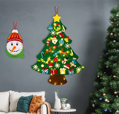 DIY Lighted Felt Christmas Tree Set Plus Snowman Advent Calendar - Xmas Decorations Wall Hanging 33 Ornaments Kids Gift with String Light (Batteries Not Included)