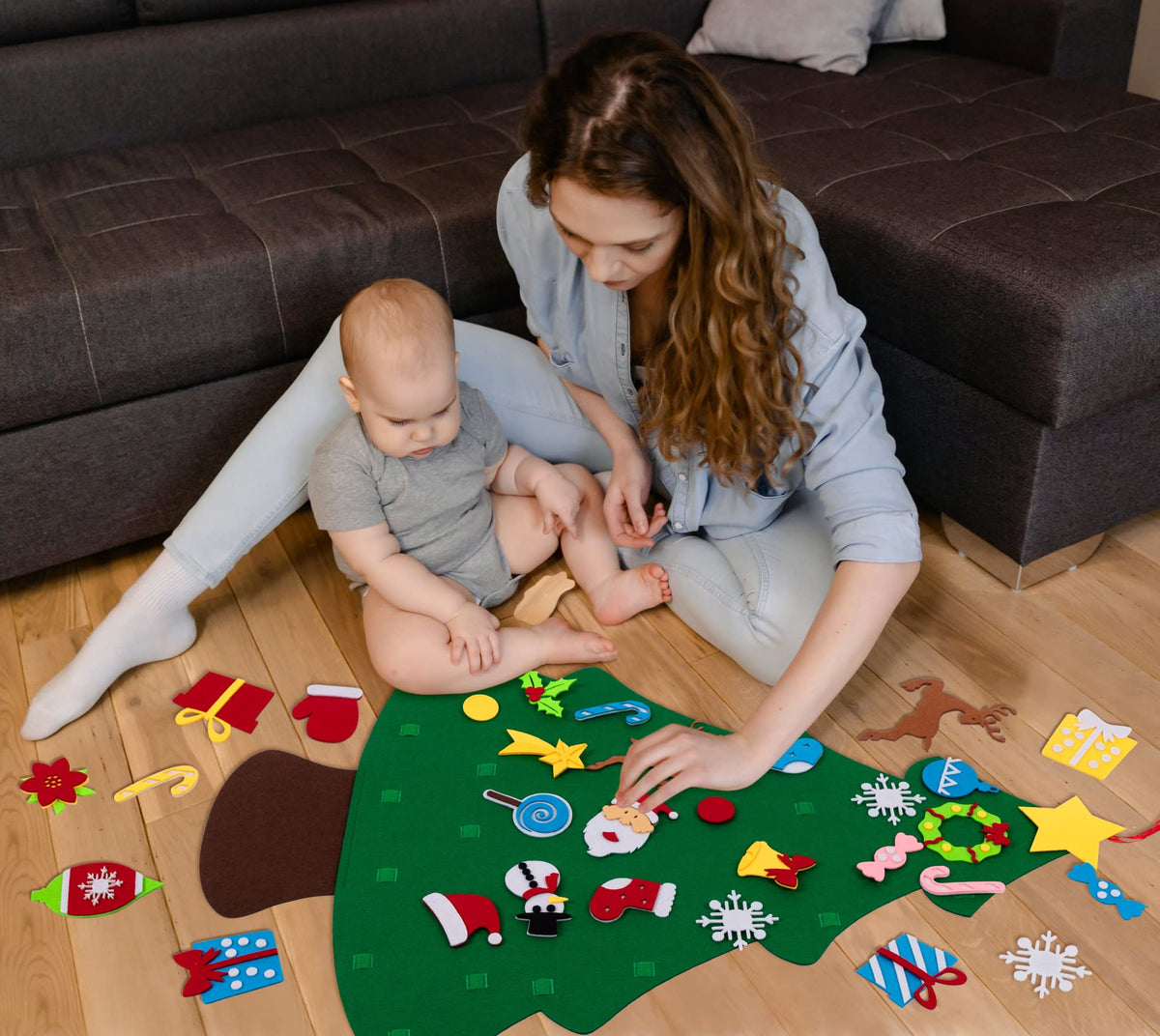DIY Lighted Felt Christmas Tree Set Plus Snowman Advent Calendar - Xmas Decorations Wall Hanging 33 Ornaments Kids Gift with String Light (Batteries Not Included)