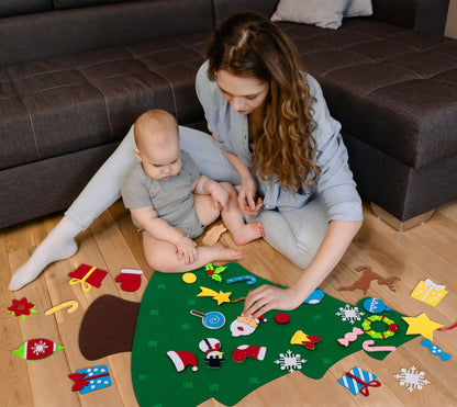 DIY Lighted Felt Christmas Tree Set Plus Snowman Advent Calendar - Xmas Decorations Wall Hanging 33 Ornaments Kids Gift with String Light (Batteries Not Included)
