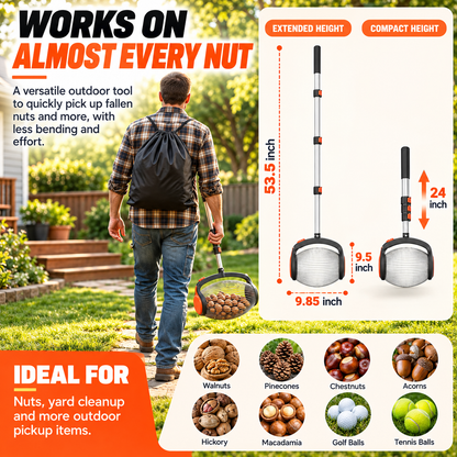 🔥🔥Telescoping Nut Gatherer with Foot-Operated Release – Rolling Walnut, Acorn & Pinecone Picker for Yard Cleanup