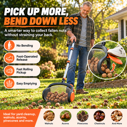 🔥🔥Telescoping Nut Gatherer with Foot-Operated Release – Rolling Walnut, Acorn & Pinecone Picker for Yard Cleanup