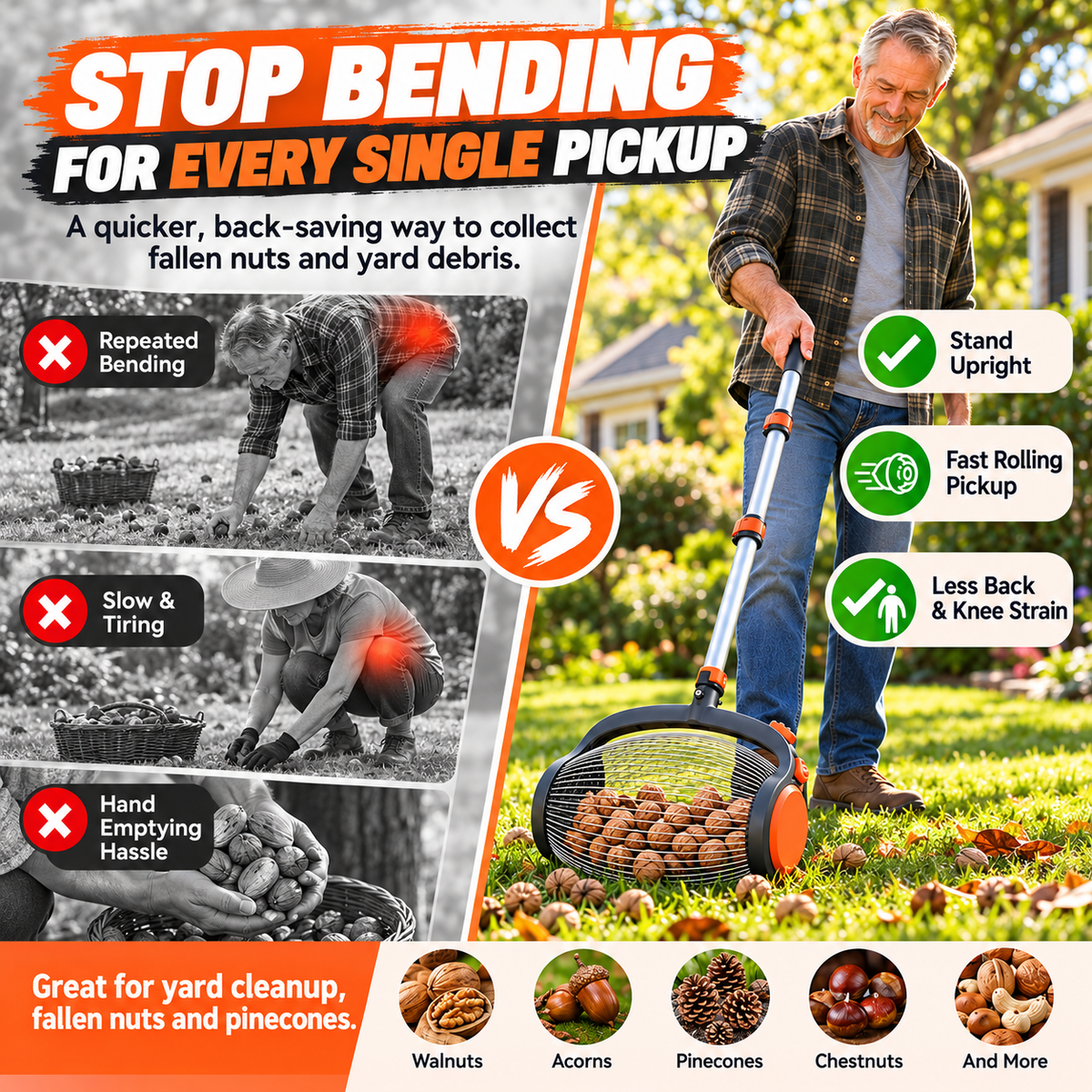 🔥🔥Telescoping Nut Gatherer with Foot-Operated Release – Rolling Walnut, Acorn & Pinecone Picker for Yard Cleanup