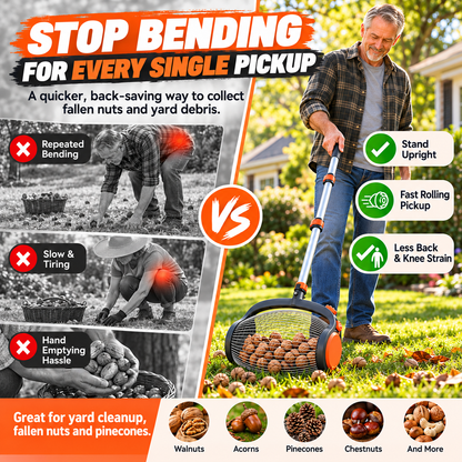 🔥🔥Telescoping Nut Gatherer with Foot-Operated Release – Rolling Walnut, Acorn & Pinecone Picker for Yard Cleanup