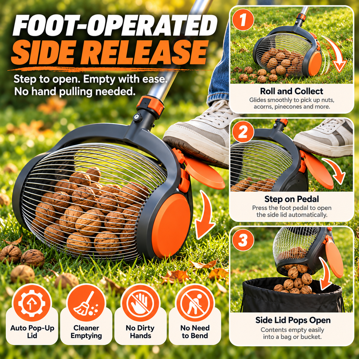 🔥🔥Telescoping Nut Gatherer with Foot-Operated Release – Rolling Walnut, Acorn & Pinecone Picker for Yard Cleanup