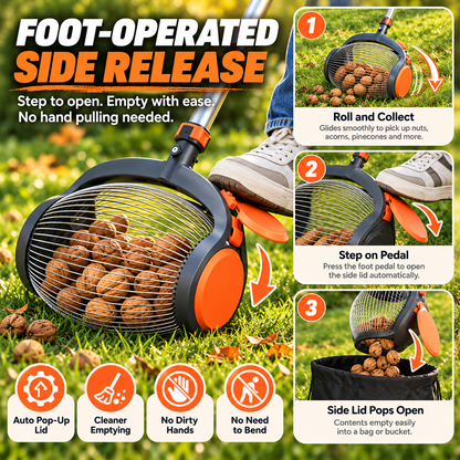 🔥🔥Telescoping Nut Gatherer with Foot-Operated Release – Rolling Walnut, Acorn & Pinecone Picker for Yard Cleanup