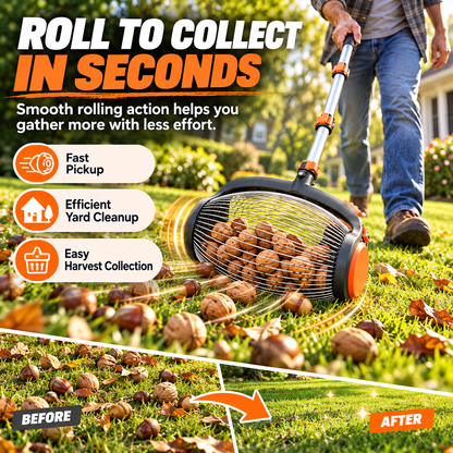 🔥🔥Telescoping Nut Gatherer with Foot-Operated Release – Rolling Walnut, Acorn & Pinecone Picker for Yard Cleanup