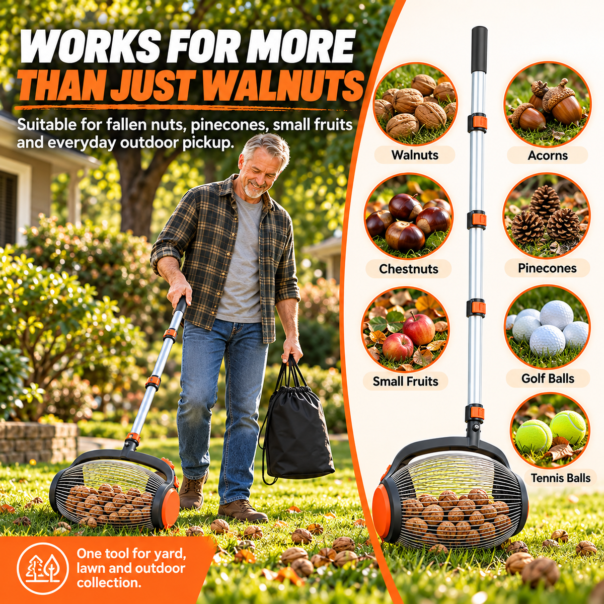 🔥🔥Telescoping Nut Gatherer with Foot-Operated Release – Rolling Walnut, Acorn & Pinecone Picker for Yard Cleanup
