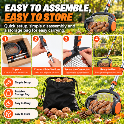 🔥🔥Telescoping Nut Gatherer with Foot-Operated Release – Rolling Walnut, Acorn & Pinecone Picker for Yard Cleanup