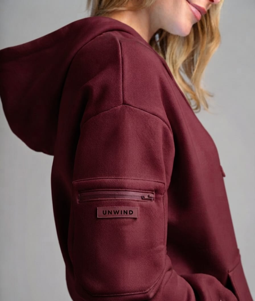 [Burgundy] Unwind Airplane Mode Travel Hoodie - sleeve pocket